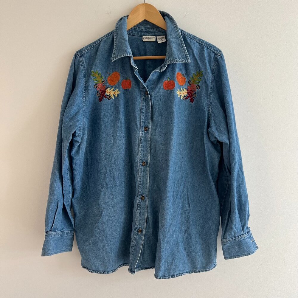 Cherokee Pumpkin‎ Embroidered Denim Shirt Fall Autumn Cottagecore Harvest Top